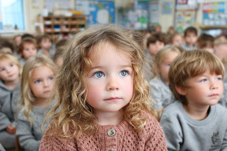 A classroom filled with eager children attentively listening to their teacher. They are seated and focused, showing interest in the learning activity.の素材