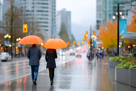 A couple strolls down a wet city street under bright orange umbrellas. Colorful autumn trees frame the scene, enhancing the rainy atmosphere.の素材