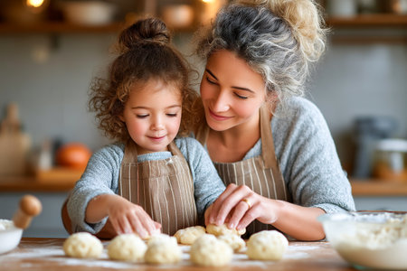 A joyful moment as a mother and daughter work together in the kitchen. They are preparing dough and sharing experience smiles while enjoying their baking.の素材