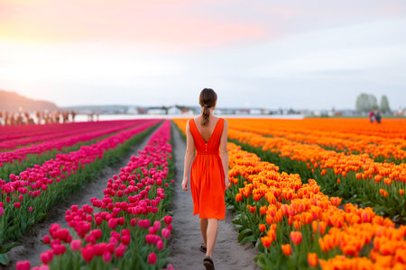 A woman in an orange dress strolls through lush tulip fields, surrounded by blooming pink and orange flowers as the sun sets in the background.の素材