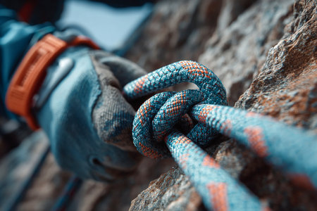 A climber secures a rope into a carabiner on a rocky surface while engaged in an outdoor climbing activity, showcasing safety gear and climbing techniques.の素材