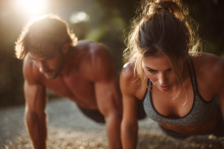 Two individuals perform partner pushups in a serene garden, enjoying the warm glow of sunset while focusing on fitness and teamwork together.の素材