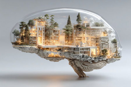 A creative concept shows a brain that combines urban buildings with natural elements like trees, offering a unique perspective on the relationship between thought and environment.の素材