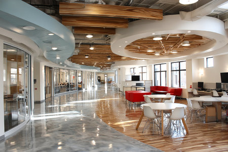 Bright and open space features various seating arrangements for students, workstations with computers, and a welcoming atmosphere for learning and collaboration.の素材