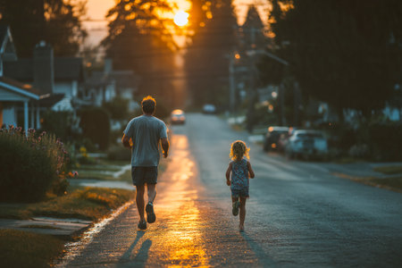 A father and daughter are jogging side by side on a peaceful street as the sun sets, illuminating the scene with warm golden light.の素材