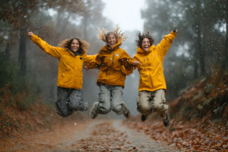 Three friends are joyfully doing jumping jacks on a forest trail while light rain falls around them, creating a cheerful and energetic atmosphere.の素材