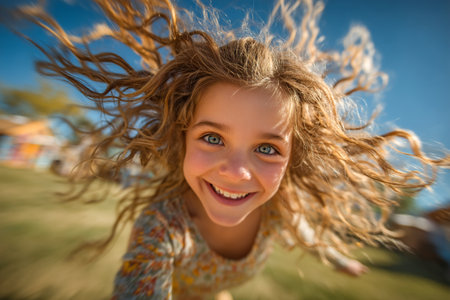 A young girl is joyfully doing a cartwheel on the grass, her curls flying in motion blur, capturing the carefree spirit of a sunny day outdoors with cheerful surroundings.の素材
