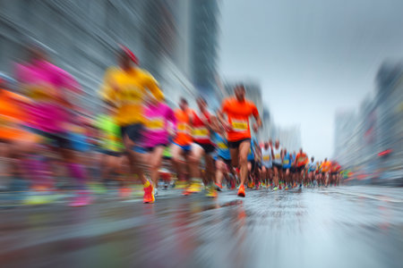 Participants dressed in bright sportswear run swiftly along wet city streets during a race in gloomy weather. Their energy contrasts with the rainy backdrop.の素材