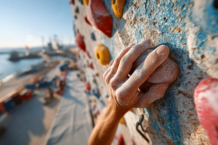 A climber's chalk-covered hand firmly grasps a colorful hold on a bouldering wall. The sun shines brightly, illuminating the climbing area and surrounding scenery.の素材