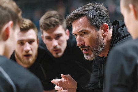 A coach passionately engages with his team during a crucial timeout, sharing strategies and motivation to enhance their performance in the game.の素材