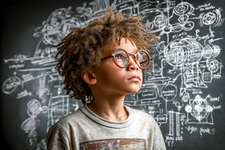 A young student focuses with curly hair and glasses on educational drawings on a blackboard. The visuals represent various learning milestones and concepts.の素材