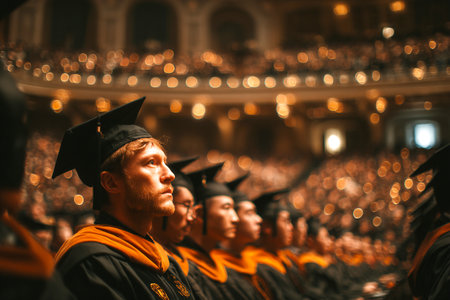 Graduates wearing caps and gowns sit attentively during a university graduation ceremony inside a grand auditorium. The atmosphere is filled with excitement.の素材