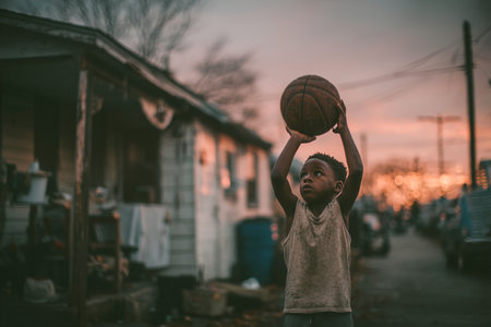A young boy prepares to shoot a basketball under the warm glow of a streetlight. The scene captures the energy of play at dusk in a neighborhood setting.の素材