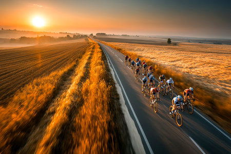 A group of cyclists navigates an open road surrounded by golden fields as the sun sets, creating a beautiful backdrop for their evening ride.の素材