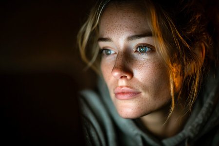 Engaged in an online HIIT workout, a woman focuses intently in her softly lit bedroom, showing determination and effort in her fitness routine at home.の素材
