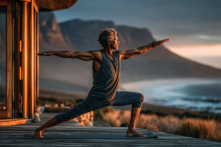 A man performs yoga on a wooden deck during sunset, surrounded by a calm ocean and hills. The warm light enhances the peaceful atmosphere of the scene.の素材