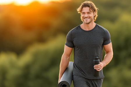 A man carrying a yoga mat and water bottle strolls through a park at sunset. The warm light enhances the peaceful atmosphere as he enjoys the outdoor activity.の素材
