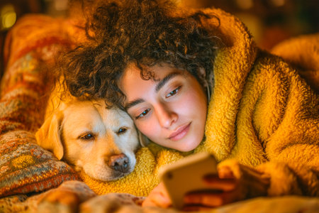 A person and their dog are cuddled together on a cozy couch, both focused on a phone screen while enjoying a relaxed evening at home.の素材
