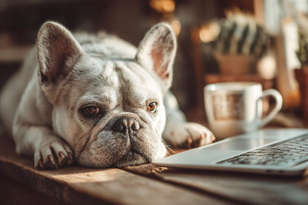 A relaxed dog lies next to a laptop on a wooden table, with a cup of coffee nearby. The warm, casual atmosphere makes it a perfect spot for a laid-back day.の素材