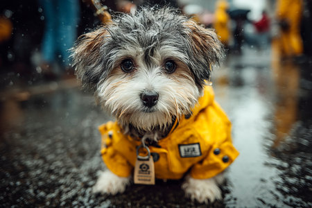 Puppy in a bright yellow raincoat walks on a wet sidewalk, surrounded by blurred figures in rain gear. The scene captures a cozy, rainy day vibe.の素材