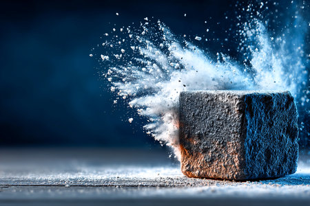 A chalk block breaks apart in slow motion, creating a cloud of dust and small particles that scatter in the air, highlighting the force of impact in a dramatic scene.の素材