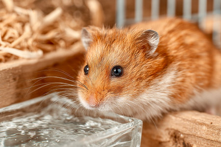 A small orange hamster quenching its thirst from a glass of water placed in a simple cage. The environment features wooden elements and soft bedding material.の素材