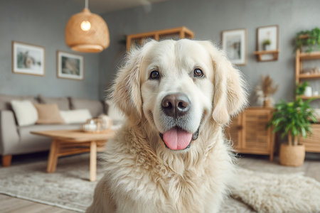 A cheerful golden retriever sits in a modern living room filled with natural light. The stylish decor complements its playful demeanor, creating a warm atmosphere.の素材