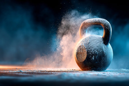 A kettlebell sits on the floor, surrounded by flying chalk dust, capturing the energy of a challenging workout. The atmosphere is charged with intensity and focus.の素材
