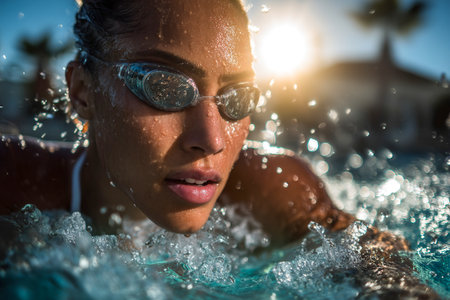 Swimmer practicing laps in a sunny outdoor pool, enjoying the warmth and refreshing water. The clear blue sky enhances the vibrant atmosphere of the activity.の素材