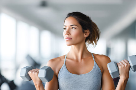 In a modern gym, a woman focuses on her workout as she lifts dumbbells. She exercises for strength and fitness, showing determination and effort.の素材