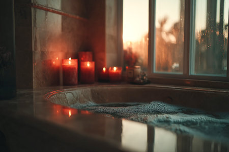 Warm candlelight fills the bathroom as bubbles rise in the tub. The serene scene invites relaxation and peace at the end of the day.の素材