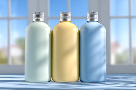 Three bottles of skin care products in pastel colors sit on a clean surface with soft sunlight shining through a window, creating a calm atmosphere perfect for beauty routines.の素材