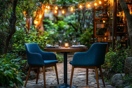 A cozy dining table for two is set in a vibrant garden, softly lit by glowing string lights. Perfect for an intimate evening filled with romance.の素材