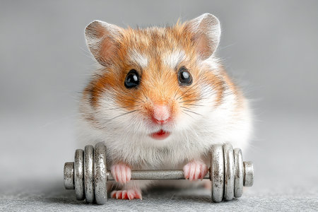 A small hamster is engaging in an amusing fitness session by lifting tiny dumbbells. This indoor scene captures the playful spirit of the adorable pet as it focuses on exercise.の素材