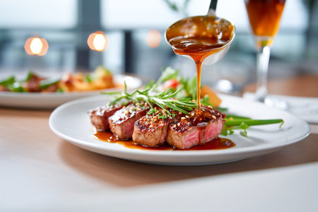 Tender gourmet steak is plated with a rich sauce being poured over it. Fresh greens and colorful sides enhance the appealing meal in an elegant setting.の素材