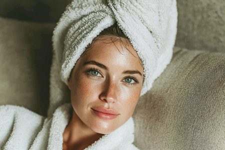 A person with a towel turban rests on a comfortable sofa, enjoying a moment of relaxation at home after a refreshing bath, feeling calm and rejuvenated.の素材