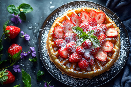 A warm waffle is decorated with ripe strawberries and a dusting of powdered sugar, creating an inviting dish perfect for breakfast or dessert.の素材
