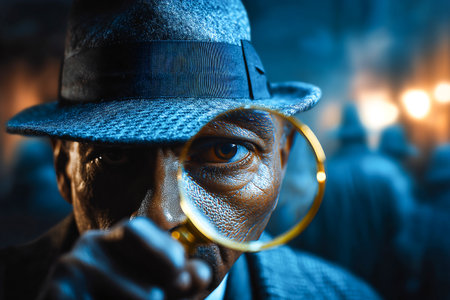 A focused detective studies clues at a crime scene using a magnifying glass, encircled by a dimly lit urban environment, enhancing the mystery of the investigation.の素材