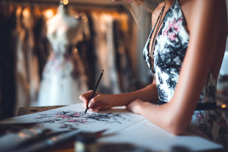 In a vibrant studio, a designer focuses on sketching a floral pattern for a new clothing line, surrounded by elegant dresses and creative tools.の素材