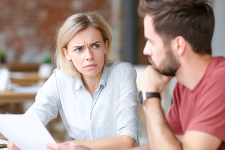A manager interviews a candidate in a simple office environment. The candidate looks concerned while discussing details on a document.の素材