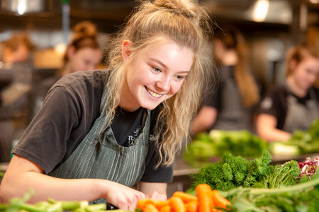 In a bustling kitchen, a cheerful assistant focuses on chopping vegetables, surrounded by vibrant greens and colorful produce. The atmosphere is energetic and lively.の素材