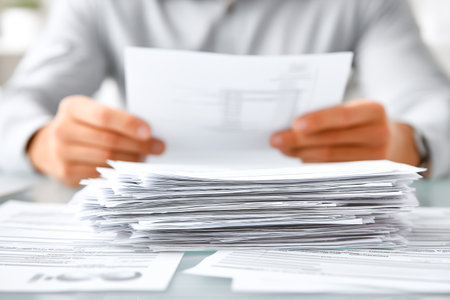 A recruiter is focused on reviewing a stack of resumes and job applications on a desk. The scene captures the organized chaos of the hiring process.の素材
