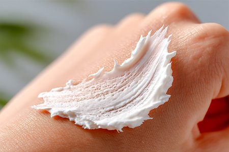 A person's hand displays freshly squeezed cream, highlighting its velvety texture. Sunlight enhances the cream's appearance, suggesting a skincare routine in progress.の素材