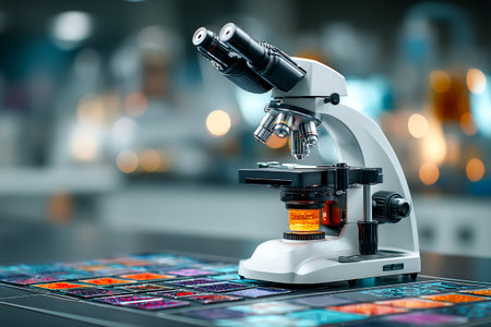 A microscope is positioned on a lab table surrounded by colorful prepared slides. The bright lighting enhances details for effective scientific examination.の素材