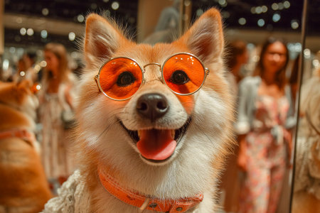 Inu is in a store, checking its reflection in the mirror while wearing round, colorful sunglasses. The atmosphere is lively with other shoppers in the background.の素材