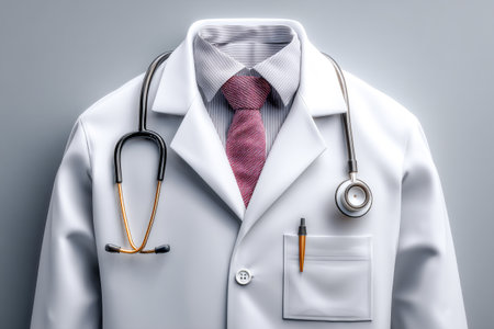 A lab coat is folded neatly with a stethoscope resting on top. A tie is visible, creating an organized and professional appearance in a clinical setting.の素材