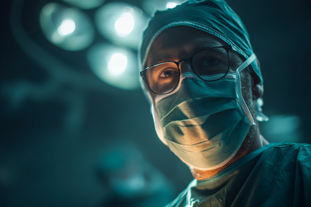 A surgeon in green scrubs and glasses stands focused in the operating room. Bright surgical lights illuminate the scene as preparation for surgery begins.の素材
