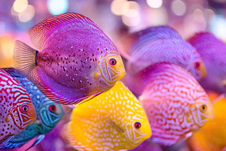 Brightly colored fish swim gracefully in a lively aquarium filled with soft, colorful lighting.の素材