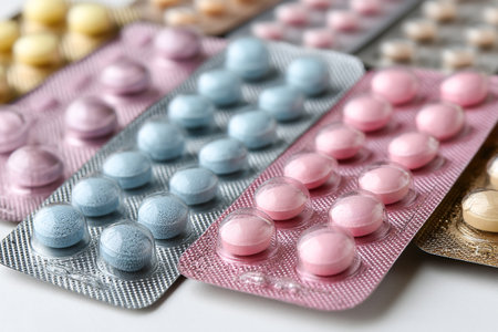 Colorful packs of pills are organized symmetrically on a flat surface. The pills vary in colors and shapes, showing a neat and organized display.の素材