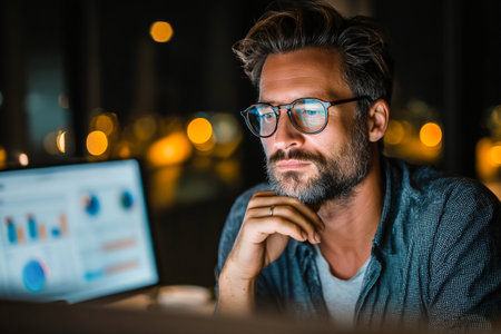 A focused man reviews data dashboards on a computer screen in a dimly lit office. The city lights glow in the background, creating a vibrant atmosphere.の素材
